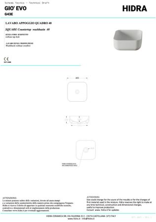 Hidra Gio, накладная квадратная раковина 40х40х15h см, цвет белый глянцевый, артикул G43E/001