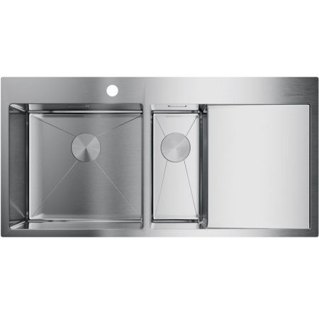 Мойка, OMOIKIRI, Akisame, с крылом, число чаш-2 слева, ширина, мм-1000, глубина, мм-510, высота, мм-200, тип установки-встраиваемый, отверстия для смесителя-1, с переливом, сифон и донный клапан с декоративными накладками в комплекте, материал-нержавеющая, артикул 4973544