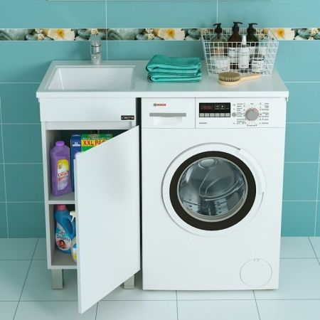 Тумба под раковину над стиральной машиной напольная "Марс-38" 1 дверь, (ум. Лидер 1000 литой мрамор), артикул 700221