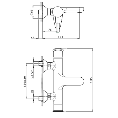HUBER Harlock Смеситель однорычажный настенный для ванны/душа, цвет хром, артикул HC00013321
