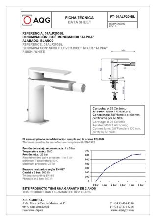 AQG Alpha, однорычажный смеситель для биде без донного клапана, цвет белый матовый, артикул 01ALP200BL