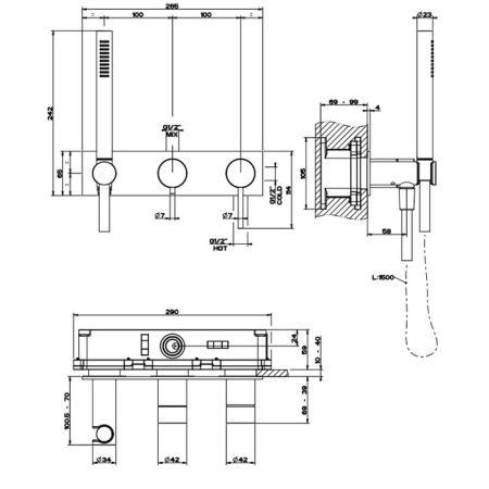 GESSI 316 Встраиваемый смеситель для ванны, автомат переключатель ванна-душ, держатель неподвижный (внешняя часть), цвет: brushed black metal pvd, артикул 54038#707
