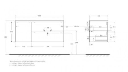 ETNA База под раковину подвесная с двумя выкатными ящиками и одной распашной дверцей, правосторонн.Rovere Moro,1209x462x500, ETNA-1200-2C-1A-SO-RW-R, артикул ETNA-1200-2C-1A-SO-RW-R