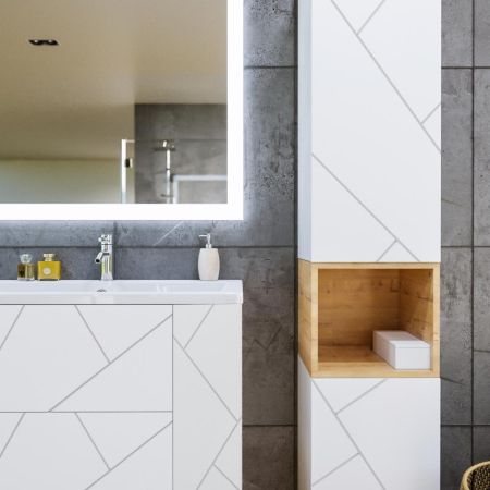 Тумба с раковиной и нишей Бриклаер КРИСТАЛЛ 90B, белый/дуб бунратти, артикул КРИСТАЛЛ 90B