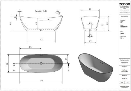 Zenon Maggiore, акриловая ванна овальной формы, 170x72xh60 см, цвет белый матовый, артикул 4000.000.000.000.40968