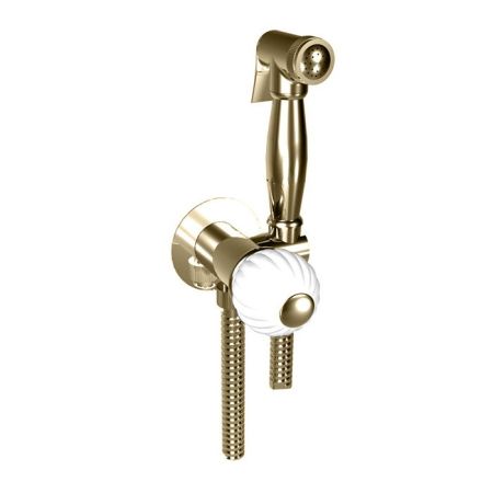 BONGIO RIVOLI Смеситель встроенный, прогрессивный, с гигиенич душем, держ и шлангом 1200мм, ручка стекло белое, в компл со встроен частью, цвет золото