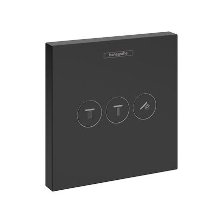 Вентиль, Hansgrohe, ShowerSelect, тип установки-настенный встраиваемый, на 3 потребителя, с кнопками «Широкая струя Rain», «Узкая струя Rain» и «Ручной душ», внутренняя часть-необходимо заказать, цвет-черный матовый, артикул 15764670