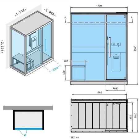 Effegibi H Large Хаммам с душем, пристенный R.H. 173x102xh220см, отделка: Soft Sand, артикул LO 80 01 0001