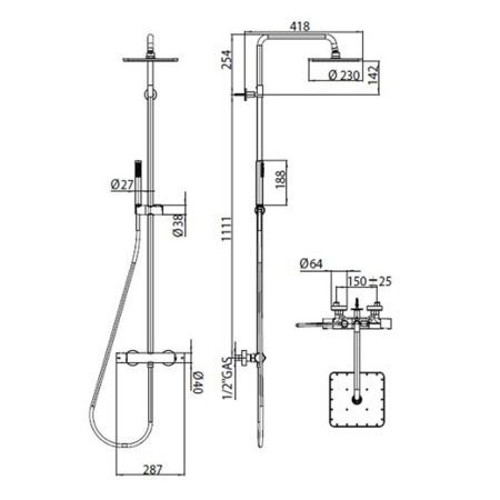Душевая стойка, Bossini, Cosmo, смеситель-в комплекте, тип регулирования воды-термостатический картридж, верхний душ-есть, форма верхнего душа-квадратная, размер верхнего душа,мм-230*230, держатель верхнего душа-есть, поворотный, ручной душ-в комплекте, ш, артикул L10103.073