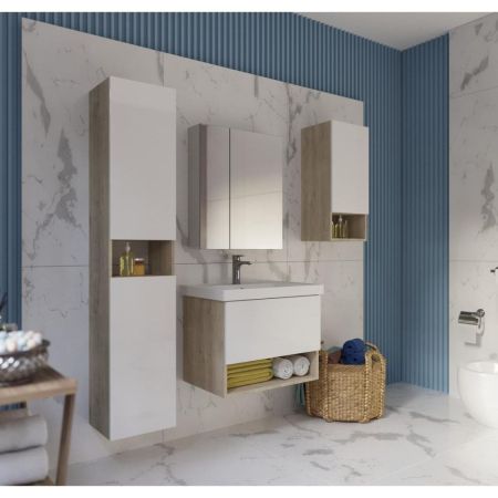 Тумба с раковиной подвесная Dreja Perfecto 60 см, дуб эврика/белый, артикул 99-0811-com