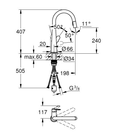 Смеситель для кухни GROHE Veletto, C-образный высокий выдвижной излив, хром (30419000), артикул 30419000