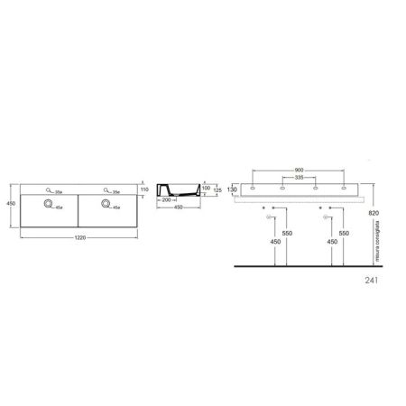 AZZURRA ELEGANCE Squared Двойная раковина подвесная/накладная 122х45см с 2отв. под смеситель , цвет белый, артикул ELLP12245DQMBI/(EQA122 2V/2F bi)*2