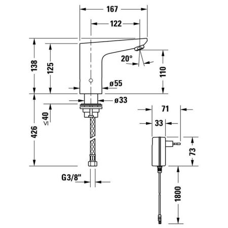 Смеситель для раковины, Duravit, тип открывания воды-бесконтактный/электронный, тип регулирования воды-электронный датчик, монтаж-на раковину/столешницу, отверстия для монтажа-1, высота, мм-138, вынос излива, мм-122, тип излива-неподвижный, донный клапан-, артикул SE1090007010