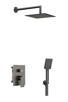 AQG Alpha, душевой комплект EC208 на 2 потребителя: с квадратным верхним душем 25х25 см и кронштейном 35 см, цвет оружейная сталь (PVD)