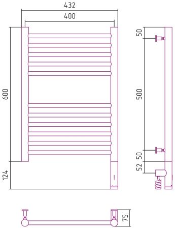 Полотенцесушитель, Сунержа, Богема 3.0, электрический, ширина, мм-432, глубина, мм-75, высота, мм-724, межосевое расстояние-400, подключение-справа, электрокомплект-МЭМ, материал-нержавеющая сталь, цвет-чёрный матовый, артикул 31-5805-6040