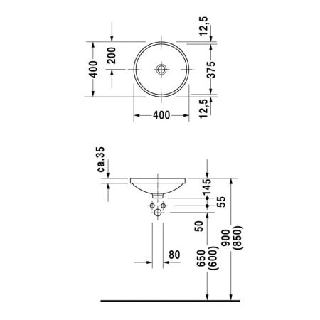 Duravit Architec Раковина  встр., для встраивания снизу, без перелива, без площадки под смес., глазуровка снизу,включая крепление под столешницу, Ø 37