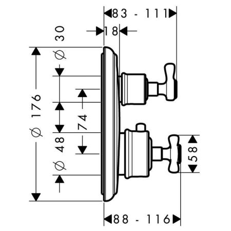 AXOR MONTREUX Смеситель для душа встраиваемый, термостатический, с запорным/переключающим вентилем, внешняя часть, цвет сталь