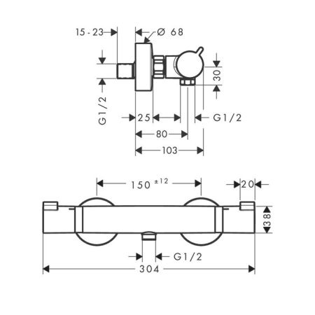 Смеситель для душа, Hansgrohe, Ecostat Comfort, тип открывания воды-вентильный, тип регулирования воды-термостатический картридж, монтаж-вертикальный (настенный), отверстия для монтажа-2, цвет-полированное золото, артикул 13116990