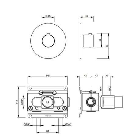 FANTINI SAILING Смеситель настенный встраиваемый, термостатический, без запорного вентиля, внешняя часть, цвет Deep Black PVD, артикул 67 S1 J200B