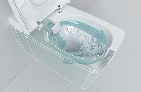 Metropole Rim-Ex Подвесной безободковый унитаз 56 см с функциями VitrAflush и VitrAfresh, с емкостью для чистящей жидкости, с функцией биде и встроенным смесителем, артикул 7672B003-1687