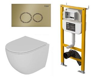 Комплект D&K Унитаз подвесной безободковый DT1396516, Инсталляция DI8050127, Клавиша смыва DB1529007, матовое золото (DS1391624)
