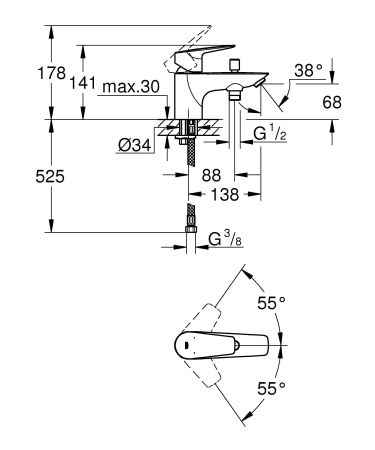 Смеситель на бортик ванны GROHE BauEdge, монтаж на 1 отверстие, хром (23562001), артикул 23562001