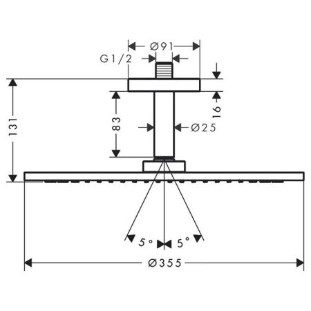 AX  Верхний душ, Ø 350мм, 1jet, с  держателем 100мм, потолочный монтаж, ½’, цвет: шлифованный никель, артикул 26035820