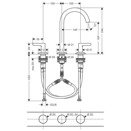 AX One Смеситель для раковины 170, на 3 отверстия, со сливом push-open, хром, артикул 48050000