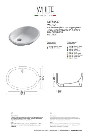 White Ceramica Dip, подстольная овальная раковина 58х39хh21 см, цвет белый глянцевый, артикул W270201