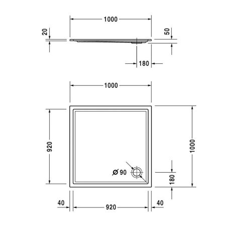 Duravit  Starck Slimline Поддон акриловый квадратный  1000x1000х50mm, d90, цвет белый, артикул 720116000000000