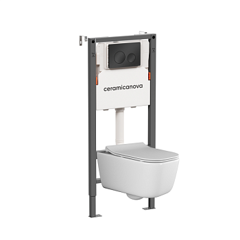 Комплект Подвесной унитаз Новый день (New day) Безободковый (Rimless) + Система инсталляции Баланс (Balance) кнопка Круг (Circle), черный матовый