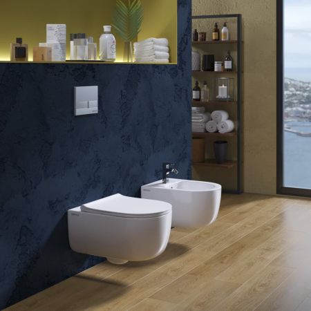 Комплект BERGES для монтажа  подвесного унитаза: инсталляция NOVUM525, кнопка L3 хром глянец, унитаз EGO XL Rimless, сидение дюропласт Toma Slim SO, микролифт, быстросьем, артикул 043203