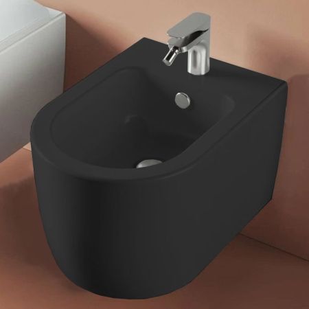 Биде, Artceram, Monet, тип установки-подвесной, ширина, мм-360, глубина, мм-520, форма чаши-овальная, отверстия для смесителя-1, материал-керамика, крепёж-в комплекте, цвет-черный матовый, артикул MNB001 17 00