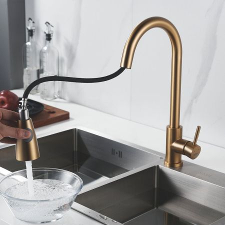 Смеситель для кухни с выдвижным изливом Raffine F213G, золотой сатин, артикул F213G