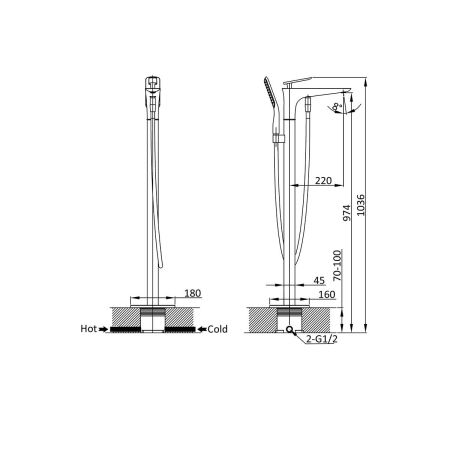 Смеситель для ванны напольный VTF-102CH однорычажный, хром, артикул VTF-102CH