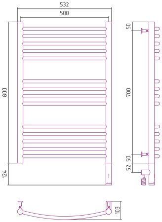 Полотенцесушитель, Сунержа, Богема 3.0, электрический, ширина, мм-532, глубина, мм-103, высота, мм-800, подключение-справа, электрокомплект-МЭМ, мощность, Вт-300, материал-нержавеющая сталь, цвет-белый матовый, артикул 30-5803-8050