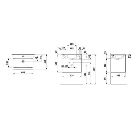 LAUFEN PALACE Комплект мебели 600х450х545 мм., с раковиной Slim, 2 ящика, органайзер для ящика, ручка анодированный алюминий, цвет белый матовый, артикул 8.6070.2.260.104.1