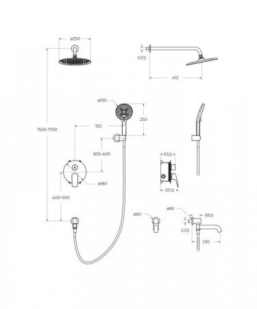 MARINO Душевой комплект встраиваемый с изливом (смеситель встраиваемый, верхний душ, ручной душ со шлангом, штуцер с держателем),хром MARINO-VDSET-CRM, артикул MARINO-VDSET-CRM