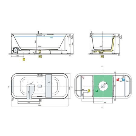 NOVELLINI DIVINA F Ванна отдельностоящая 1800х800х630 мм., с полкой и полотенцедержателем, смесит, слив-перел, подгол черн, фурн хром, цвет белый мат