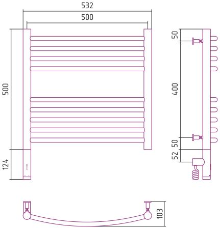 Полотенцесушитель, Сунержа, Богема 3.0, электрический, ширина, мм-532, глубина, мм-103, высота, мм-632, межосевое расстояние-500, перемычка-выгнутая, подключение-нижнее слева, электрокомплект-МЭМ, мощность, Вт-300, материал-нержавеющая сталь, назначение-с, артикул 15-5802-5050