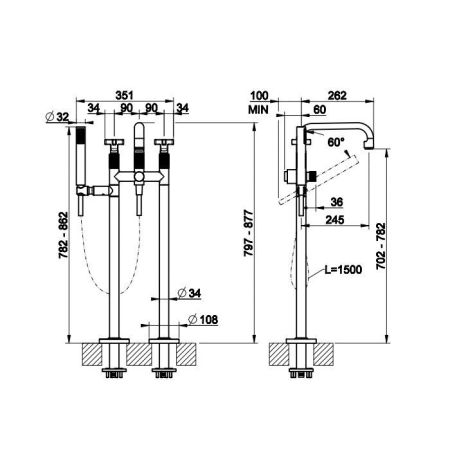 Gessi Inciso Напольный смеситель для ванны с ручным душем (внешние части), цвет: хром