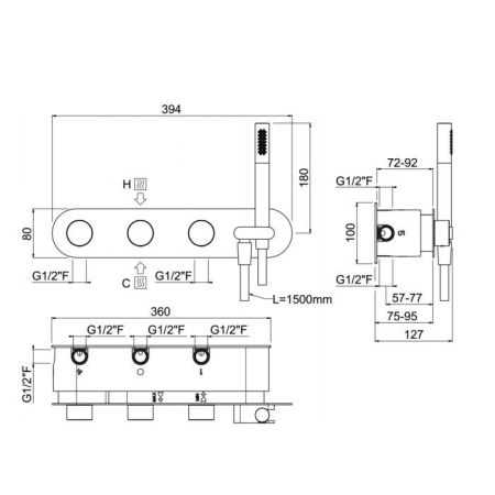 Внутрення часть, Carimali, для смесителя c держателем для душа, на 4 выхода, установка-горизонтальная, цвет-хром