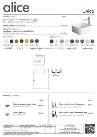 Alice Unica, накладная квадратная раковина 37х37х16,5h см, цвет белый глянцевый, артикул 32170101