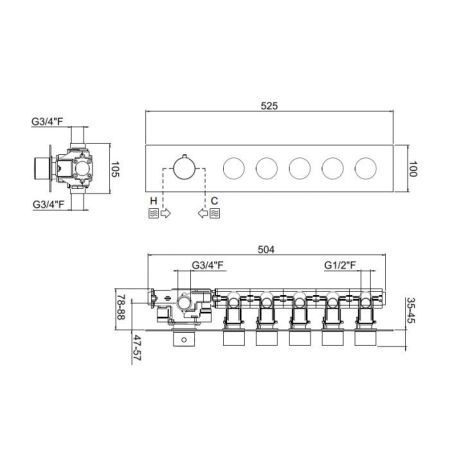 Carimali ILTONDO Внешняя часть горизонтальная для термостатического смесителя с 5-ю независимыми выходами, цвет хром, артикул 21059EST/O-CR