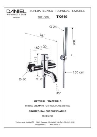 Daniel Tokyo, однорычажный смеситель для ванны c набором для душа, цвет хром