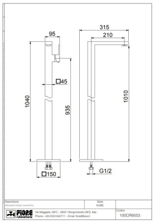 Fiore Kube, однорычажный напольный смеситель для раковины (излив 22 см), цвет хром