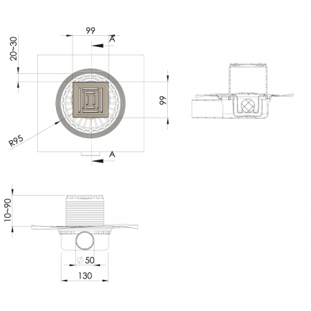 Трап BERGES водосток ZENTRUM Uno 100х100, матовый хром, выпуск D50 H65 боковой