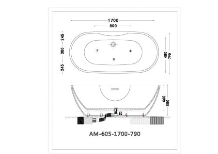 Акриловая ванна ARTMAX AM-605-1700-790 отдельностоящая со сливом-переливом ,сифон в комплекте, артикул AM-605-1700-790