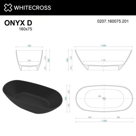 Ванна WHITECROSS Onyx D 160x75 (черный мат) иск. камень, артикул 0207.160075.201