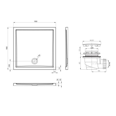 Комплект квадратного душевого поддона с сифоном Lavinia Boho One 3701490S, 90 х 90 см